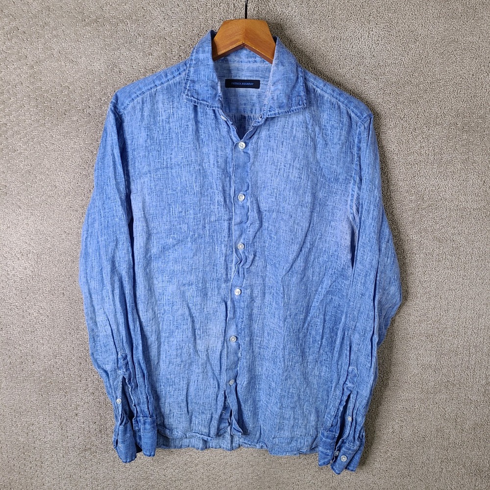 Patrick Assaraf Shirt Mens Large Blue Linen Button Down Long Sleeve Casual